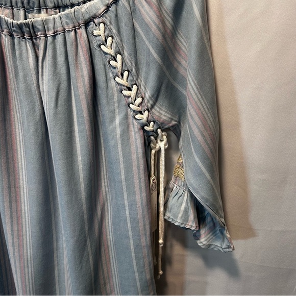 Blue & Pink Striped Off-Shoulder Embroidered Peasant Hippie Lace Up Blouse Sz S - Picture 7 of 9